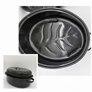 Vintage Granite Ware Enamel 15" Roaster Tree Well Black White Speck Grandma Core